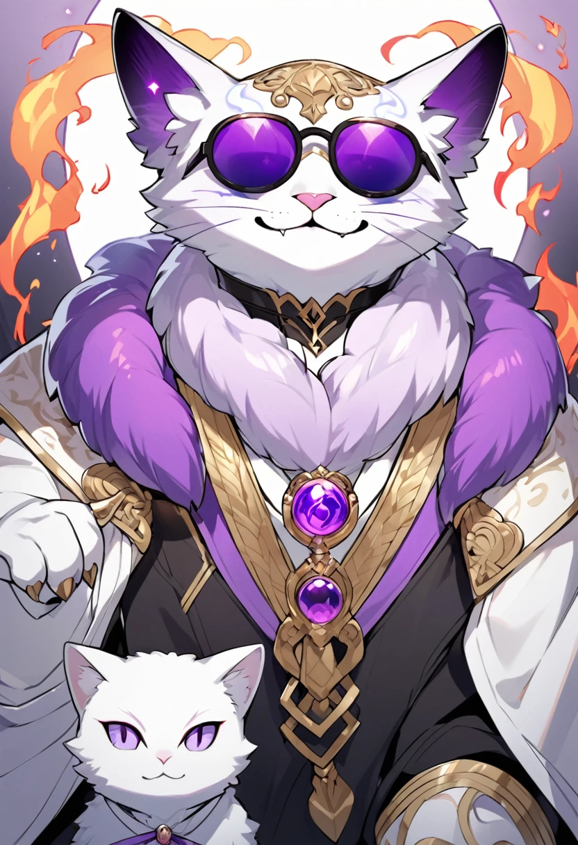 Kato - 400 y.o. familiar. Kato is a familiar - magical animal, that can use magic for his own protection and safety. He represents himself in a vision of a small white cat with fluffy fur and a slight purple colour around it, usually wearing round black sunglasses and smirking to anyone who could see him. His powers shows in ability to cast a special kind of cursed flames, coloured in purple.