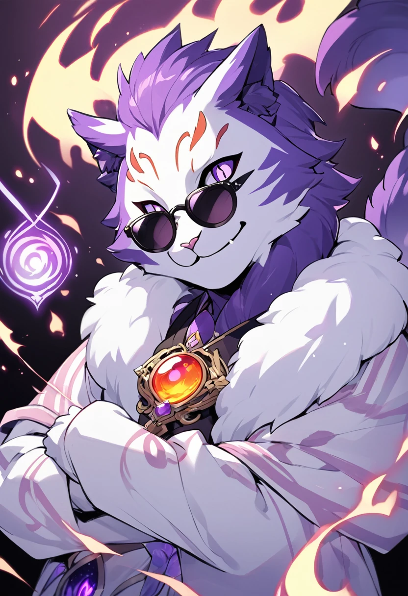 Kato - 400 y.o. familiar. Kato is a familiar - magical animal, that can use magic for his own protection and safety. He represents himself in a vision of a small white cat with fluffy fur and a slight purple colour around it, usually wearing round black sunglasses and smirking to anyone who could see him. His powers shows in ability to cast a special kind of cursed flames, coloured in purple.
