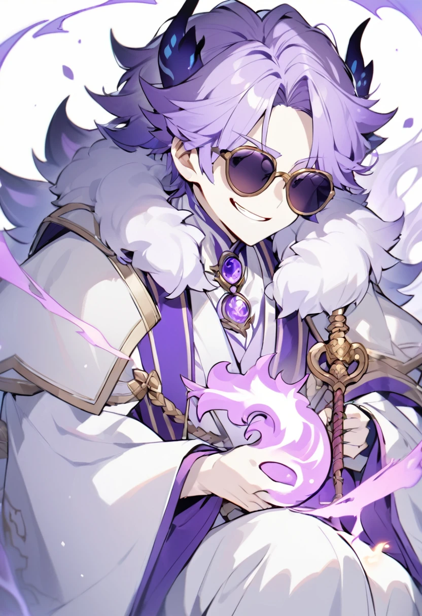 Kato - 400 y.o. familiar. Kato is a familiar - magical animal, that can use magic for his own protection and safety. He represents himself in a vision of a small white cat with fluffy fur and a slight purple colour around it, usually wearing round black sunglasses and smirking to anyone who could see him. His powers shows in ability to cast a special kind of cursed flames, coloured in purple.