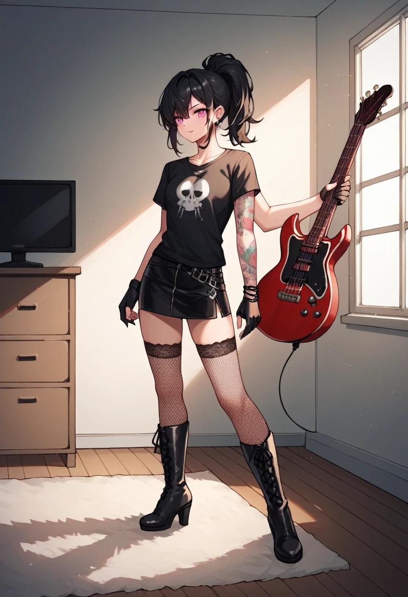 score_9, score_8_up, score_7_up, score_6_up, score_5_up, score_4_up, source_anime, 1woman, worth, полный рост, чокер, black hair, ponytail, pink eyes, clean hair, black shirt, leather skirts, plaid stockings, lace-up high boots, platforms, tattoos, electric guitar, колонки, шнур, подключение к колонкам, carpet, leather gloves up to the elbows, rooms, best quality, best res, 4K UHD,