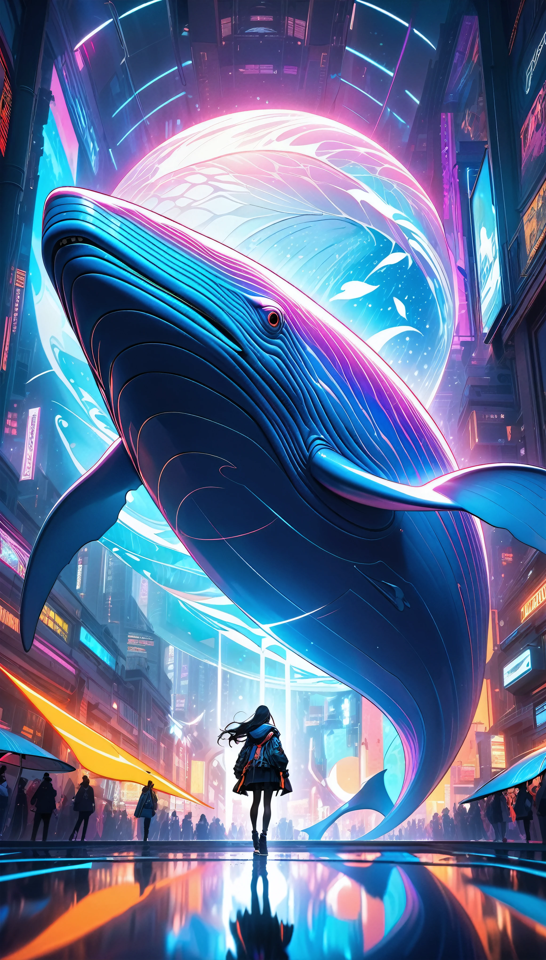 Blue Whale Photo, Dynamic jump, The complete reveal, Aesthetic glow diffusion, Fantastic iridescent skin texture, Holographic Emission, Ultra-precise textured skin, Non-glossy texture, but, Countering strong sunlight with aesthetic mirror reflection, BREAK A magnificent composition that transcends human understanding, Extremely dramatic lighting effects, Emphasizing the presence of the largest life form on Earth, Dynamic and aesthetic presentation of the gigantic body overflowing with dynamism, Unrealistic colors and internal illumination, Strong neon light leaking from highly transparent skin, A space aesthetic mixed with detailed cyberpunk design, incorporating silhouette elements., A work of art that combines profound philosophical wisdom with the finest Gothic fantasy.,
