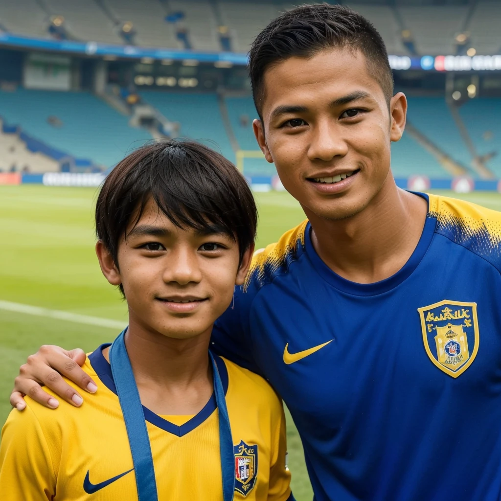 Photo of a 12 year old Indonesian man with neat short hair, wearing a al nassrr football club uniform, while standing next to the football player Ronaldo CR7 who is also wearing a al nassrr jersey, with a happy smile, with the al nassrr stadium in the background. original photo