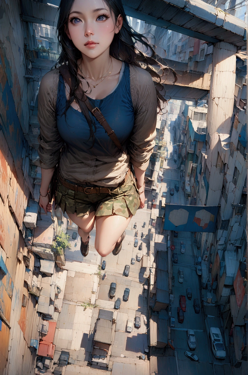 realistic anime illustration of young long hair woman walking alone along a shopping district, she wears blue tanktop and camouflage mini skirt with brown belt, black hair, (1girl, solo, full body), (masterpiece, best quality)