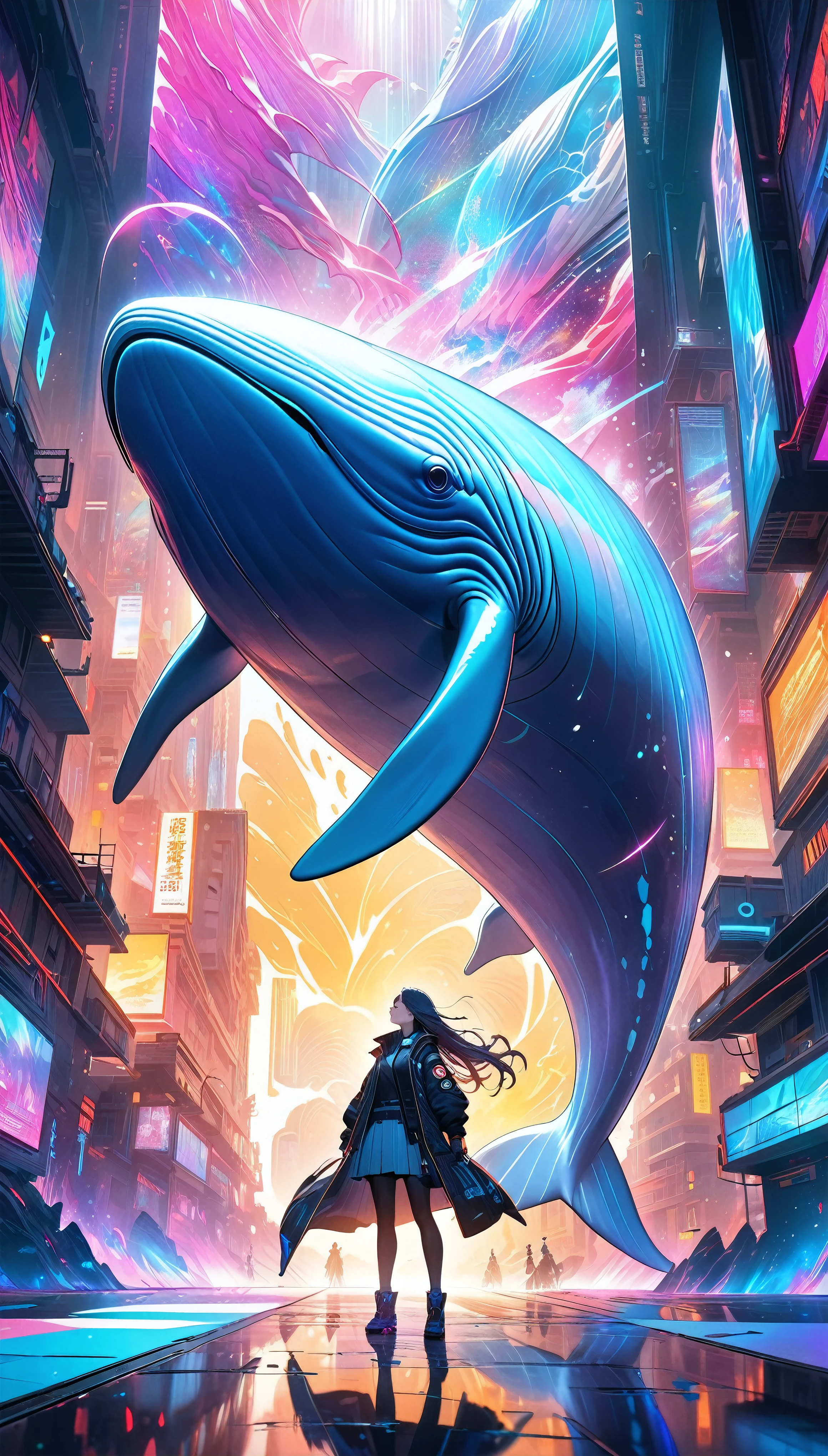 Blue Whale Photo, Dynamic jump, The complete reveal, Aesthetic glow diffusion, Fantastic iridescent skin texture, Holographic Emission, Ultra-precise textured skin, Non-glossy texture, but, Countering strong sunlight with aesthetic mirror reflection, BREAK A magnificent composition that transcends human understanding, Extremely dramatic lighting effects, Emphasizing the presence of the largest life form on Earth, Dynamic and aesthetic presentation of the gigantic body overflowing with dynamism, Unrealistic colors and internal illumination, Strong neon light leaking from highly transparent skin, A space aesthetic mixed with detailed cyberpunk, incorporating watercolor elements, A work of art that combines profound philosophical wisdom with the finest dark fantasy.,