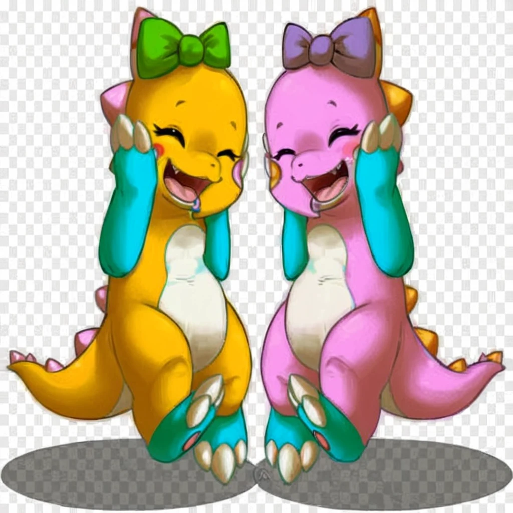 two cartoon dinosaurs with bows on their heads, one is talking on the phone, cute pokemon style, ambos laughing, Beautiful ajolote, SFW version, buizel and human fusion, beautiful colorful adorable, Twins, Beautiful work of art, laughing, digimon glamorous angelic woman, beautiful digital art, Guggimon, adult pair of Twins