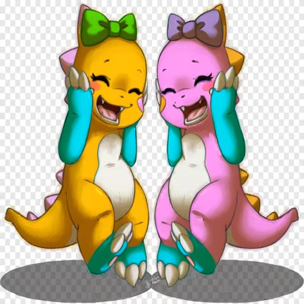 two cartoon dinosaurs with bows on their heads, one is talking on the phone, cute pokemon style, ambos laughing, Beautiful ajolote, SFW version, buizel and human fusion, beautiful colorful adorable, Twins, Beautiful work of art, laughing, digimon glamorous angelic woman, beautiful digital art, Guggimon, adult pair of Twins