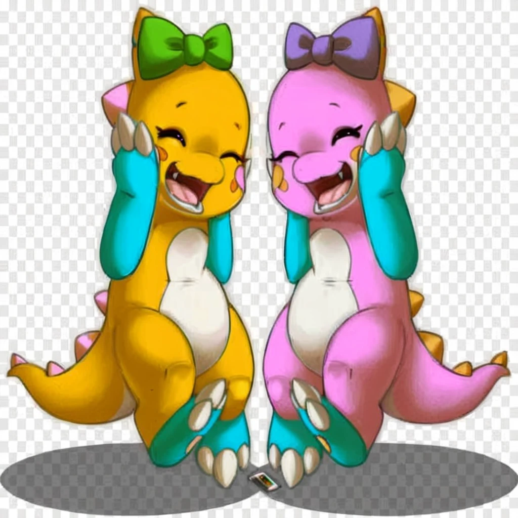 two cartoon dinosaurs with bows on their heads, one is talking on the phone, cute pokemon style, ambos laughing, Beautiful ajolote, SFW version, buizel and human fusion, beautiful colorful adorable, Twins, Beautiful work of art, laughing, digimon glamorous angelic woman, beautiful digital art, Guggimon, adult pair of Twins