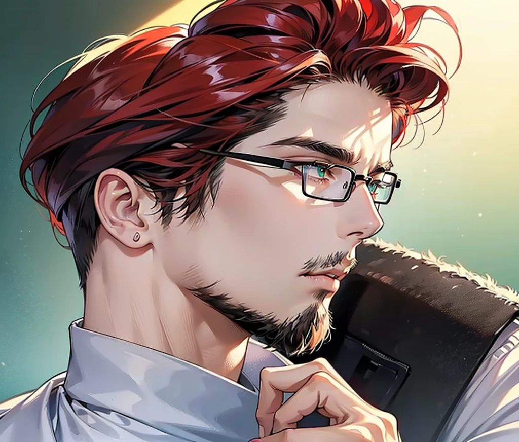 ((profile pic)), (best quality detailed image beautiful image 8K photorealistic dramatic lighting 1:1) (digital art digital illustration) (camera focused on face) (cold colors dim lighting) Art Manhwa 29 year old cold man very handsome red hair in back gel style, elegant clothes light green eyes (piercing gaze cold expression perfect face perfect lines) Teacher, university, Classroom, ((black glasses)), handsome teacher, Serious and cold look, ((Male square face)), short beard, Sweater and smart white closed dress shirt, Lonely, Thick masculine nose, ((stubble short beard)), everything perfectly put on, ((hair perfectly combed))