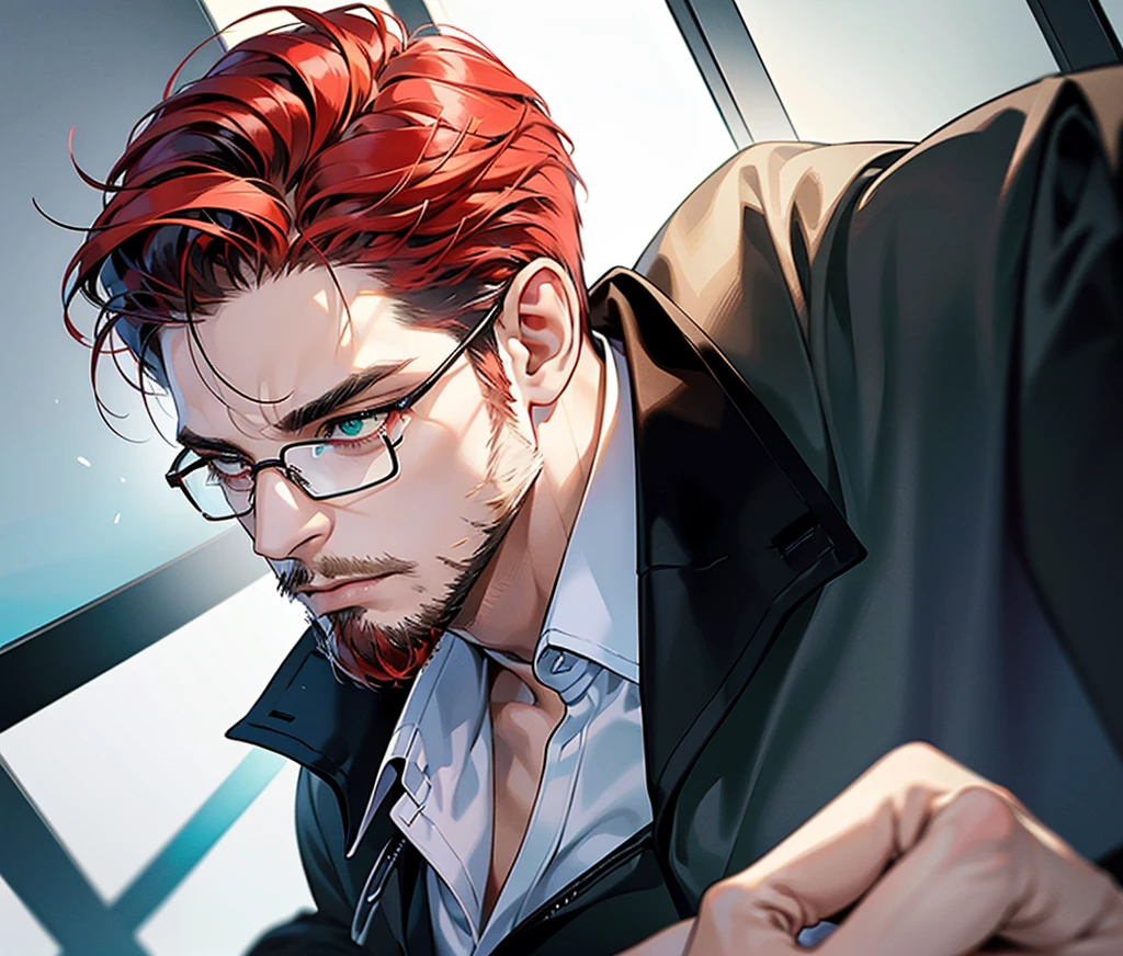 ((profile pic)), (best quality detailed image beautiful image 8K photorealistic dramatic lighting 1:1) (digital art digital illustration) (camera focused on face) (cold colors dim lighting) Art Manhwa 29 year old cold man very handsome red hair in back gel style, elegant clothes light green eyes (piercing gaze cold expression perfect face perfect lines) Teacher, university, Classroom, ((black glasses)), handsome teacher, Serious and cold look, ((Male square face)), short beard, Sweater and smart white closed dress shirt, Lonely, Thick masculine nose, ((stubble short beard)), everything perfectly put on, ((hair perfectly combed))
