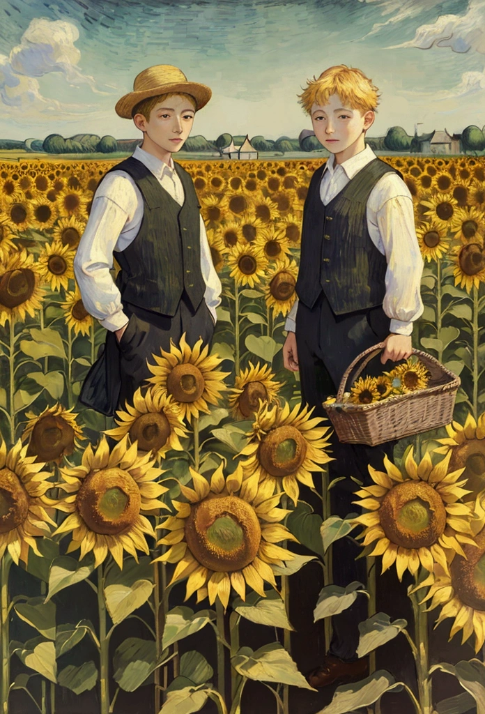 Two boy in a sunflower field. oil painting, vincent van gogh style