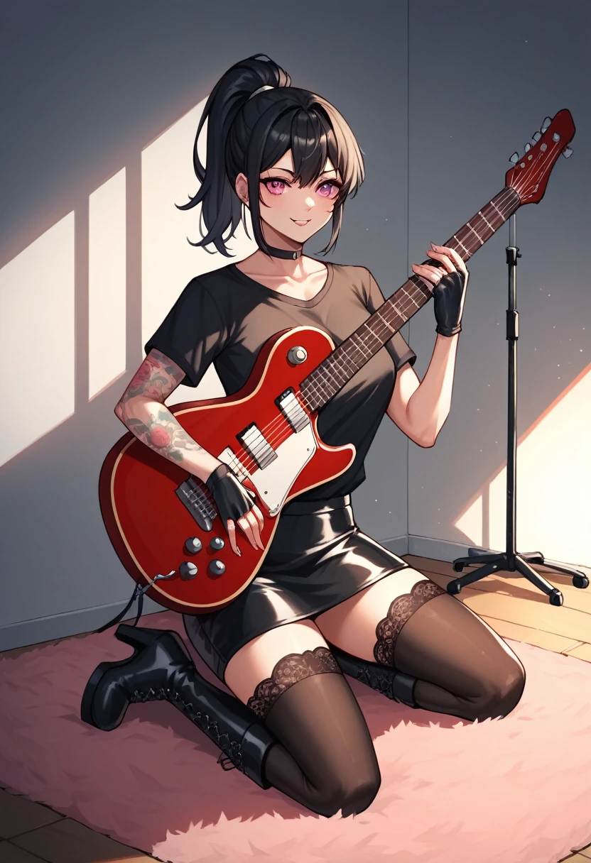score_9, score_8_up, score_7_up, score_6_up, score_5_up, score_4_up, source_anime, 1woman, worth, полный рост, чокер, black hair, ponytail, pink eyes, clean hair, black shirt, leather skirts, plaid stockings, lace-up high boots, platforms, tattoos, electric guitar, колонки, шнур, держать гитару в руках, подключение к колонкам, carpet, leather gloves up to the elbows, rooms, best quality, best res, 4K UHD,
 