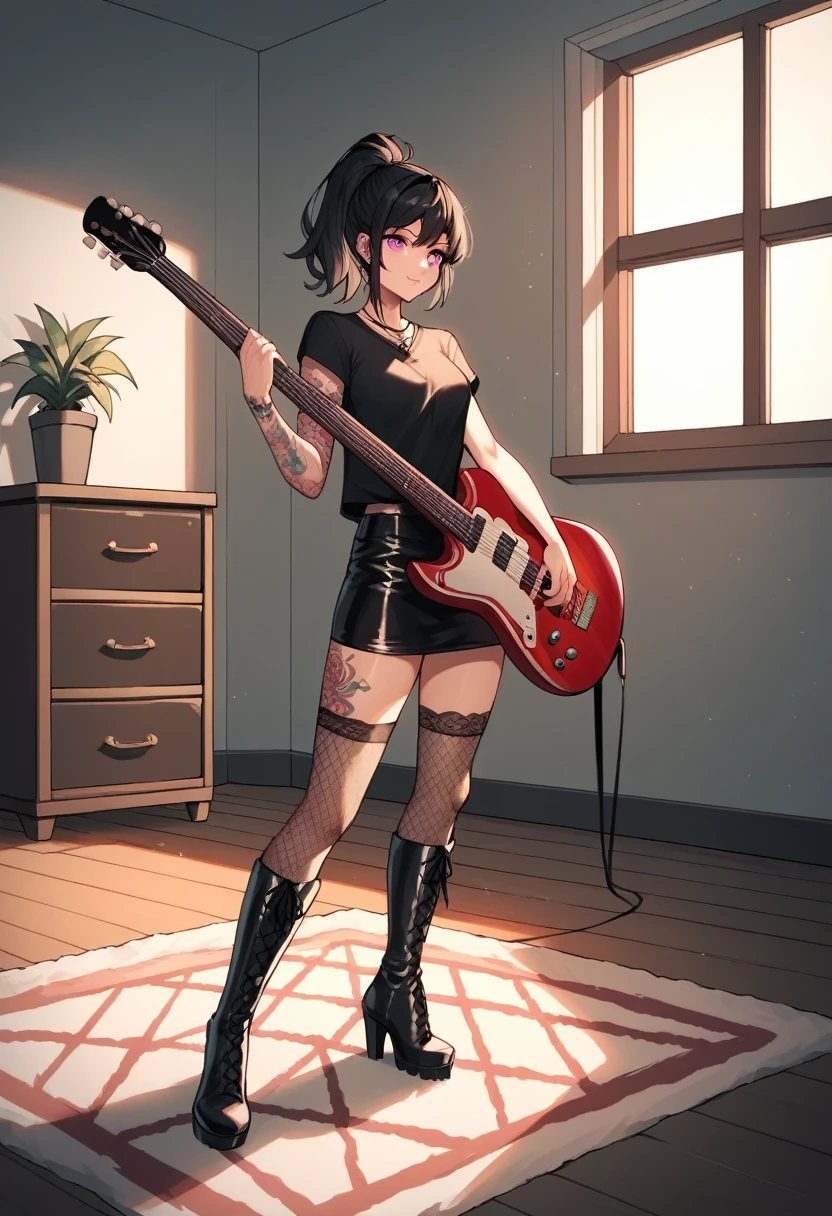 score_9, score_8_up, score_7_up, score_6_up, score_5_up, score_4_up, source_anime, 1woman, worth, полный рост, чокер, black hair, ponytail, pink eyes, clean hair, black shirt, leather skirts, plaid stockings, lace-up high boots, platforms, tattoos, electric guitar, колонки, шнур, держать гитару в руках, подключение к колонкам, carpet, leather gloves up to the elbows, rooms, best quality, best res, 4K UHD,
 