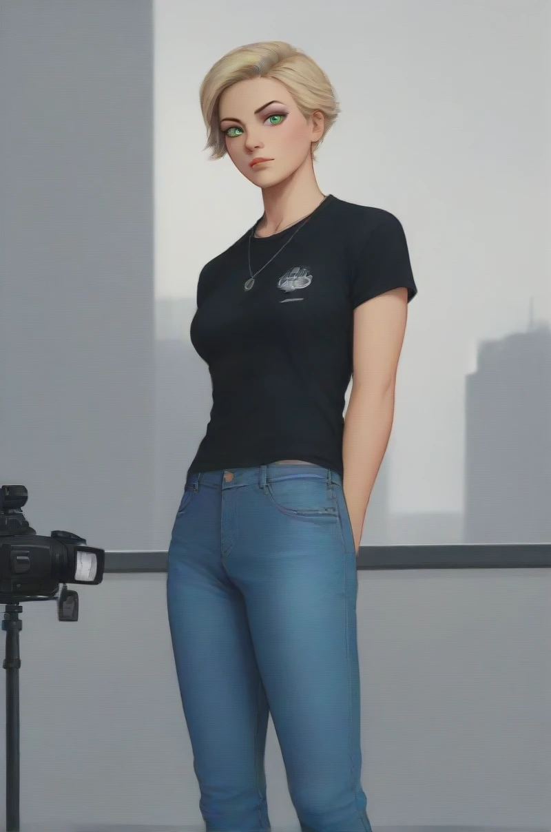 Masterpiece , highly detailed , best quality , perfect face , green eyes , fubuki , wearing black leather jacket over short sleeves red printed t-shirt and blue jeans , in city , handcuffed behind back  , looking at camera , standing still 