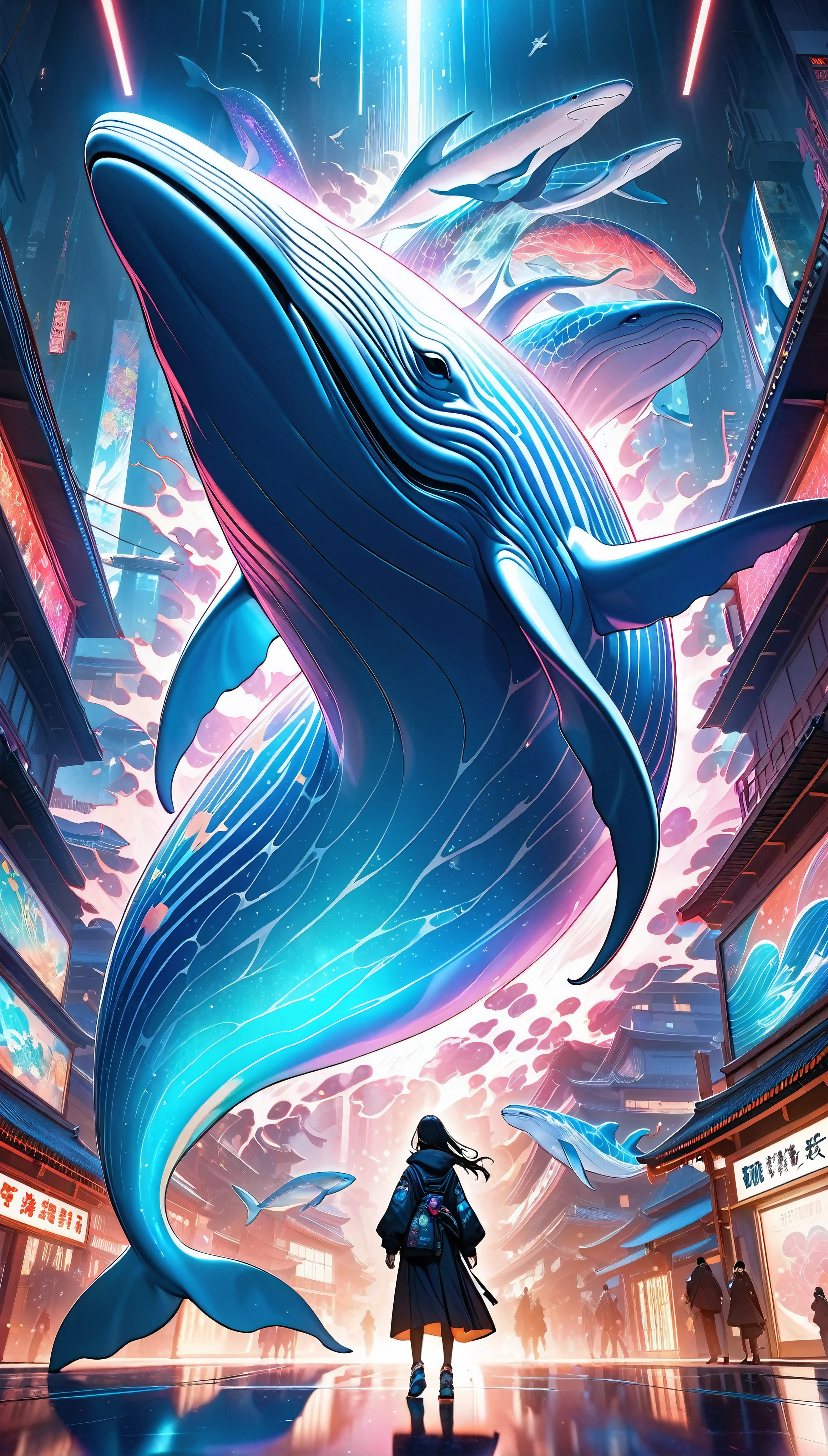 Blue Whale Photo, Dynamic jump, The complete reveal, Aesthetic glow diffusion, Fantastic iridescent skin texture, Holographic Emission, Ultra-precise textured skin, Non-glossy texture, but, Countering strong sunlight with aesthetic mirror reflection, BREAK A magnificent composition that transcends human understanding, Extremely dramatic lighting effects, Emphasizing the presence of the largest life form on Earth, Dynamic and aesthetic presentation of the gigantic body overflowing with dynamism, Unrealistic colors and internal illumination, Strong neon light leaking from highly transparent skin, A space-themed aesthetic mixed with cyberpunk detailing, incorporating elements of Ukiyo-e, A work of art that combines profound philosophical wisdom with the finest fantasy., 