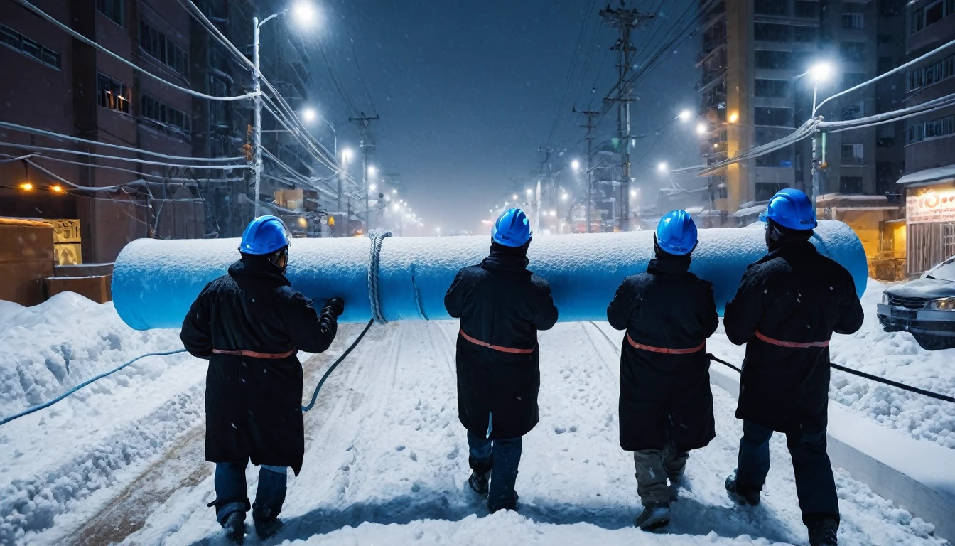A group of Asian workers wearing blue helmets are pulling a huge pipeline forward with ropes. The background is a city street in heavy snow (wearing a black cotton coat: 1.5), (late night, night, night view, lighting: 1.5) (blizzard, blizzard: 1.5), (bird's-eye view, overhead: 1.5)
