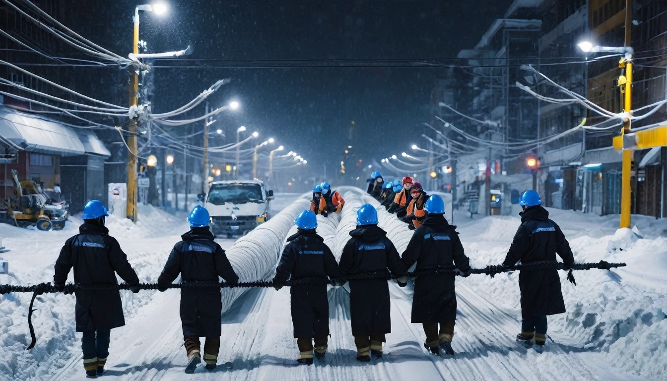 A group of Asian workers wearing blue helmets are pulling a huge pipeline forward with ropes. The background is a city street in heavy snow (wearing a black cotton coat: 1.5), (late night, night, night view, lighting: 1.5) (blizzard, blizzard: 1.5), (bird's-eye view, overhead: 1.5)