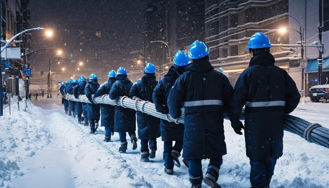 A group of Asian workers wearing blue helmets are pulling a huge pipeline forward with ropes. The background is a city street in heavy snow (wearing a black cotton coat: 1.5), (late night, night, night view, lighting: 1.5) (blizzard, blizzard: 1.5), (bird's-eye view, overhead: 1.5)