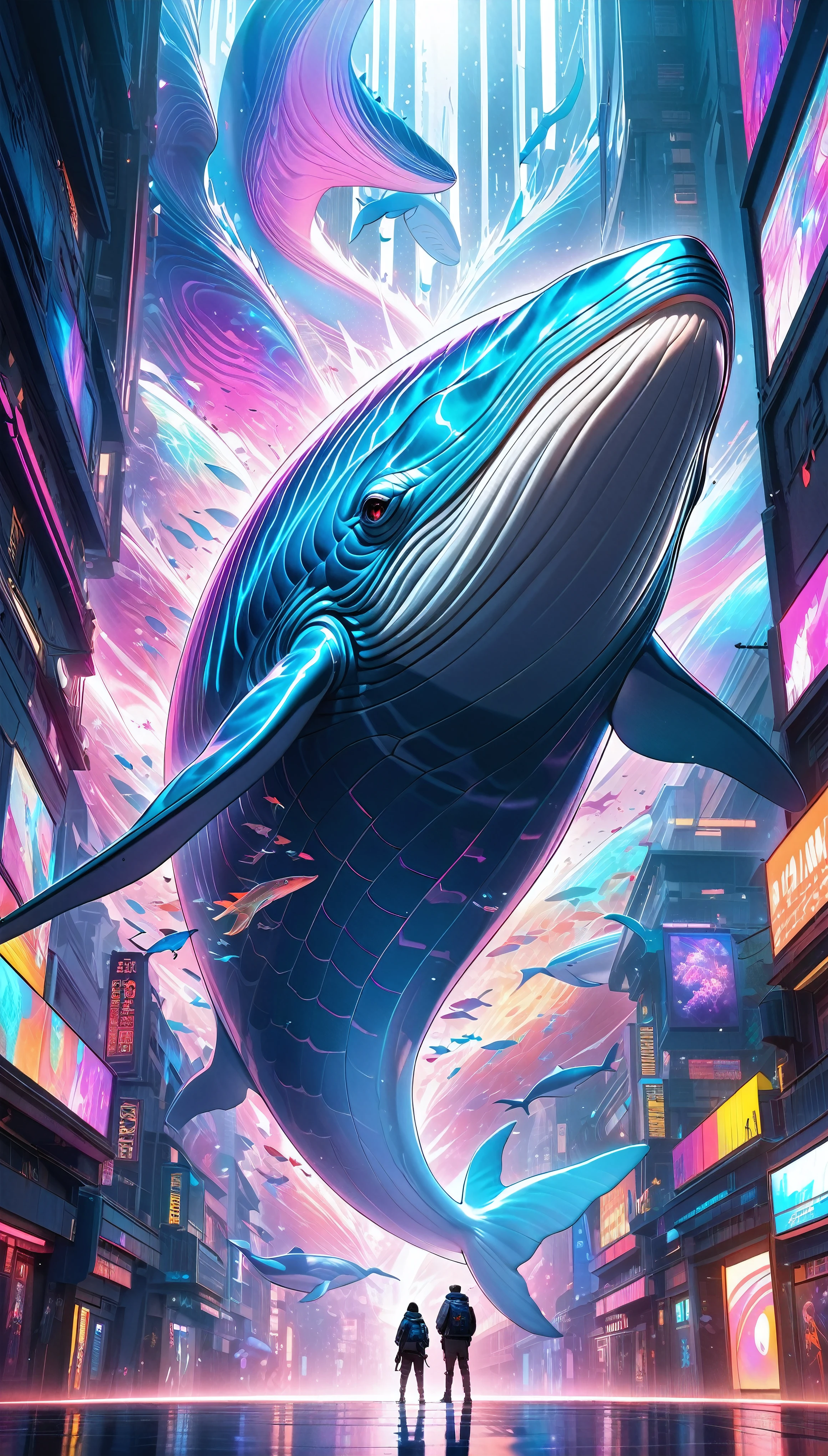 Blue Whale Photo, Dynamic jump, The complete reveal, Aesthetic glow diffusion, Fantastic iridescent skin texture, Holographic Emission, Ultra-precise textured skin, Non-glossy texture, but, Countering strong sunlight with aesthetic mirror reflection, BREAK A magnificent composition that transcends human understanding, Extremely dramatic lighting effects, Emphasizing the presence of the largest life form on Earth, Dynamic and aesthetic presentation of the gigantic body overflowing with dynamism, Unrealistic colors and internal illumination, Strong neon light leaking from highly transparent skin, A space-themed aesthetic mixed with cyberpunk detail and kabuki elements, A work of art that combines profound philosophical wisdom with the finest fantasy.,