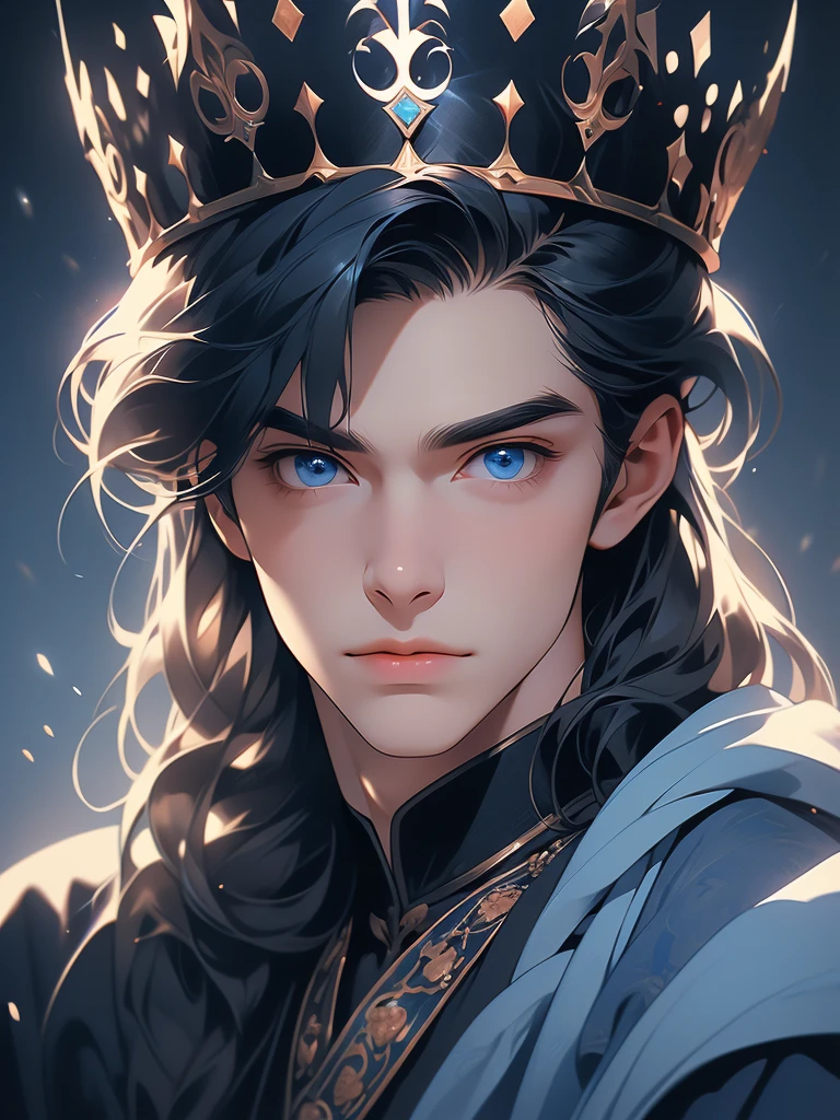 masterpiece, best quality, realistic, 1man, mature male, quiet and charming young man, 17 year old, a smirk, pale skin, dark under eyes, closed mouth, portrait, extremely detailed face, cold and smirk, ((blue eyes)), ((short-right-swept dark black hair)), [thick eye brows], wearing a crowned, dark palace, ((King)), dim light, evil, blue fire background