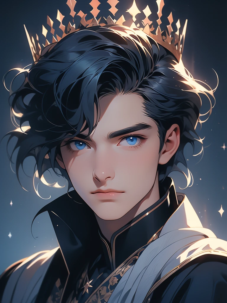 masterpiece, best quality, realistic, 1man, mature male, quiet and charming young man, , a smirk, pale skin, dark under eyes, closed mouth, portrait, extremely detailed face, cold and smirk, ((blue eyes)), ((short-right-swept dark black hair)), [thick eye brows], wearing a crowned, dark palace, ((King)), dim light, evil, blue fire background