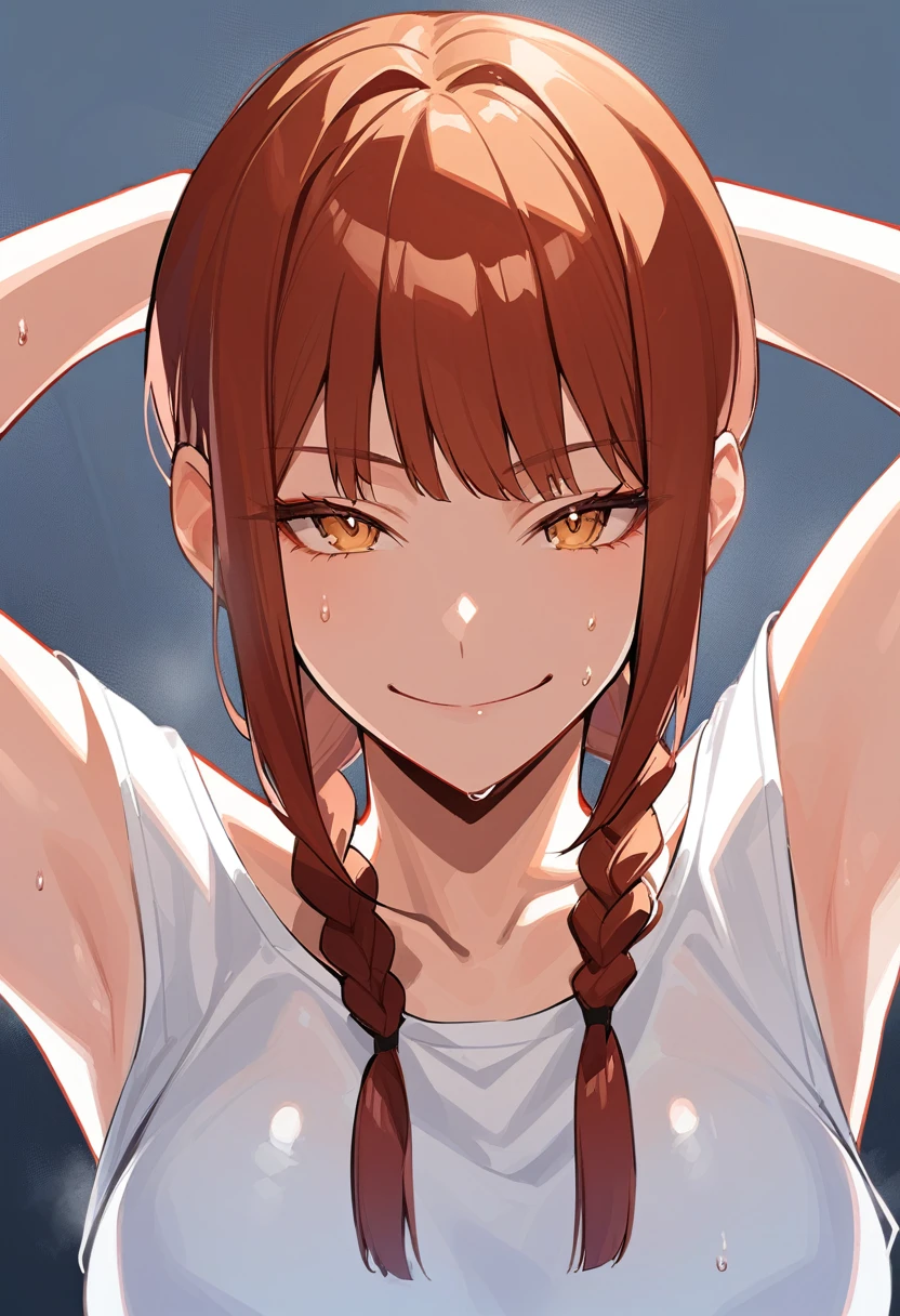 solo, 1girl, makima, smile, looking at viewer, smirk, braided ponytail, adult woman,smile, one person,facing this way,Raise your arms and see your sides,Wearing a white tank top, sweating,short brown hair,upper body composition,Fingers behind head,