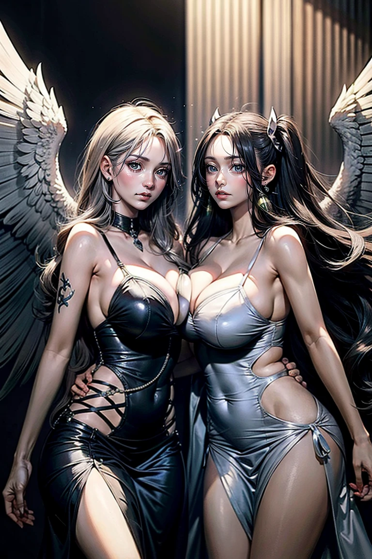 ((Highest quality)), ((masterpiece)), (detailed), Angel and devil facing each other、wing