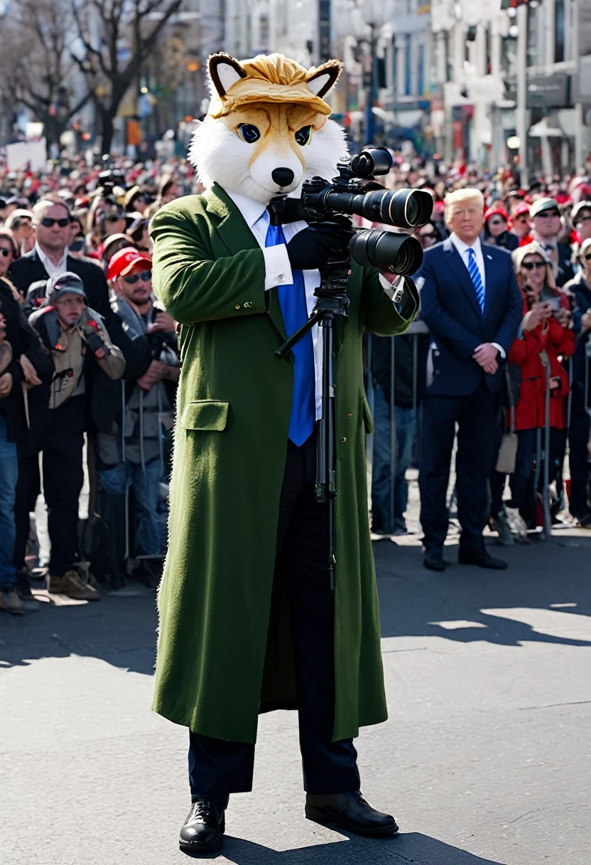 Generate a photorealistic picture of a pro sniper shooter dressed with a Furry costume aiming to a distant president Donald Trump standing on a public stage in a street at daylight full of people, use the style of a professional camera with a 4k resolution.