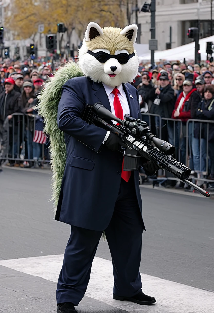 Generate a photorealistic picture of a pro sniper shooter dressed with a Furry costume aiming to a distant president Donald Trump standing on a public stage in a street at daylight full of people, use the style of a professional camera with a 4k resolution.