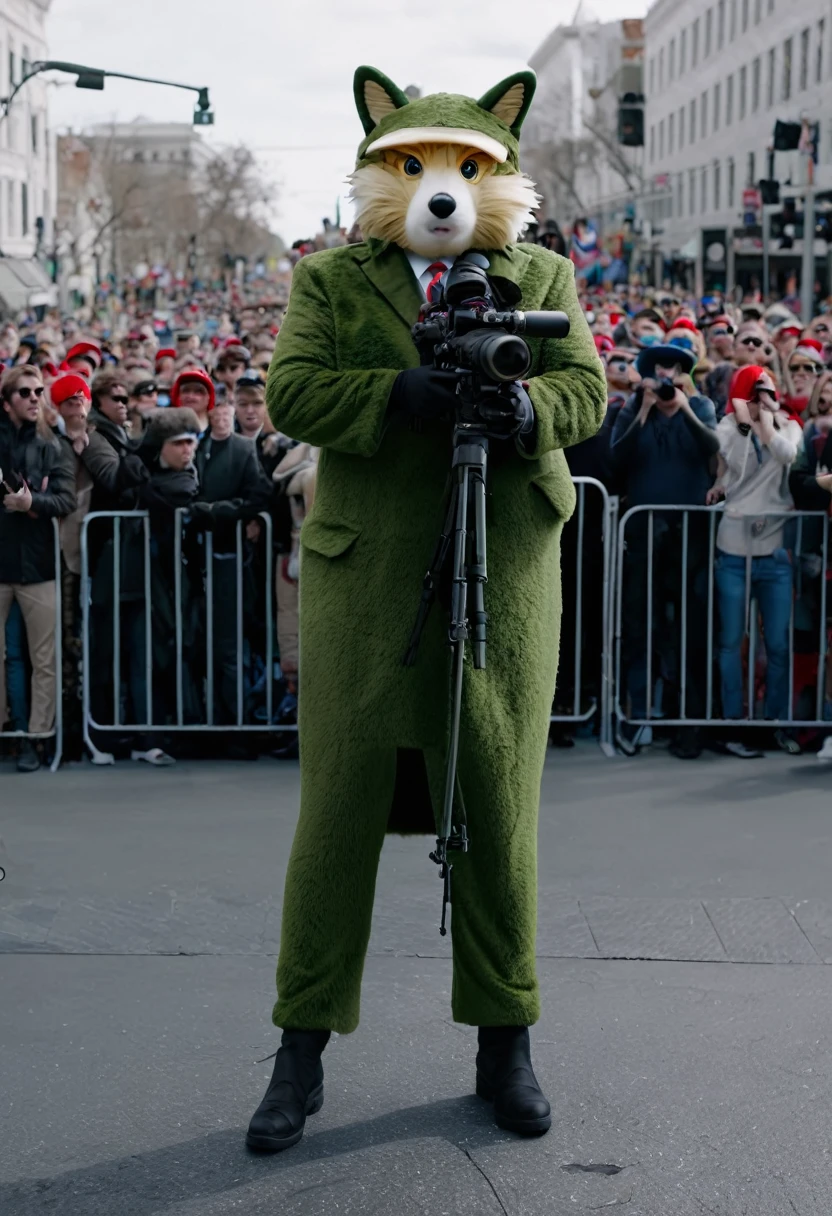 Generate a photorealistic picture of a pro sniper shooter dressed with a Furry costume aiming to a distant president Donald Trump standing on a public stage in a street at daylight full of people, use the style of a professional camera with a 4k resolution.