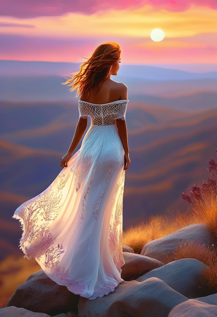 Digital artwork featuring a woman standing on a rocky terrain during sunset. view from behind, The style is highly detailed and realistic, with a focus on the dramatic sky and natural landscape. The woman has long, wavy red hair cascading down her back and is wearing a flowing, off-shoulder white dress with floral patterns. Her skin is fair, and she is gazing towards the horizon where the sun is setting behind distant mountains. The sky is a blend of deep purples, oranges, and pinks, creating a vibrant and serene atmosphere. Two birds are flying in the sky, adding to the sense of tranquility and freedom in the scene.