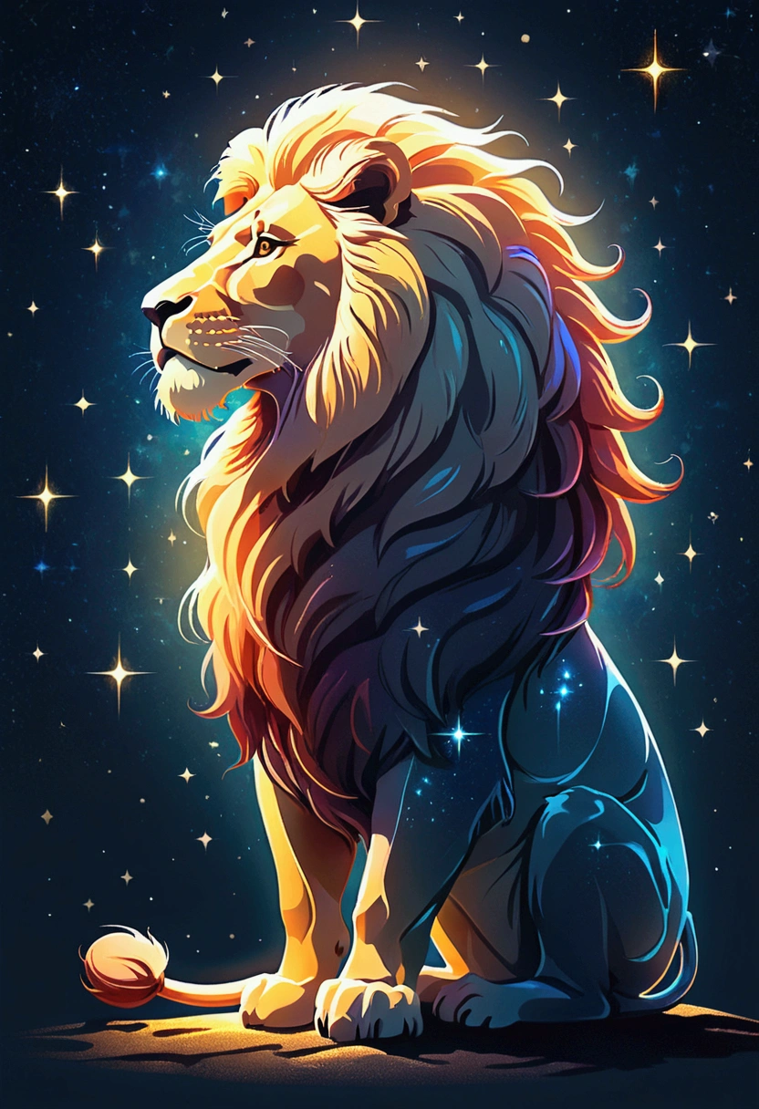 a lion stylized zodiacal symbol ((silhouette)) formed by bright stars. Cosmic background