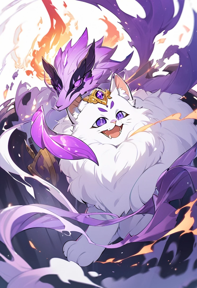 Kato - 400 y.o. familiar. Kato is a familiar - magical animal, that can use magic for his own protection and safety. He represents himself in a vision of a small white cat with fluffy fur and a slight purple colour around it, usually wearing round black sunglasses and smirking to anyone who could see him. His powers shows in ability to cast a special kind of cursed flames, coloured in purple.