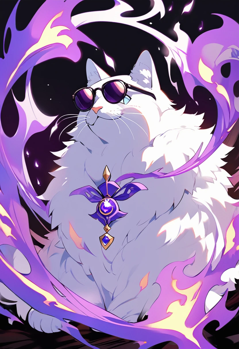 Kato - 400 y.o. familiar. Kato is a familiar - magical animal, that can use magic for his own protection and safety. He represents himself in a vision of a small white cat with fluffy fur and a slight purple colour around it, usually wearing round black sunglasses and smirking to anyone who could see him. His powers shows in ability to cast a special kind of cursed flames, coloured in purple.