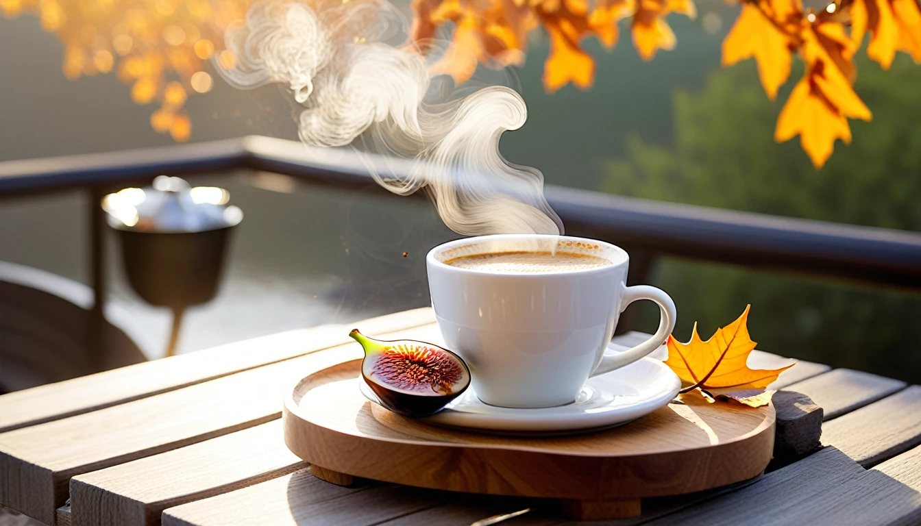 Create an image of a cozy autumn atmosphere morningby featuring a steaming hot expresso on white cup with american image on the cup on a wooden coaster. The cup is adorned with a design of fallen leaves that matches the orange leaves scattered around it. Ripe and cut figs lie nearby, and the scene is illuminated by the warm light of the morning sun, which hints at a peaceful morning atmosphere. This atmosphere is enhanced by the potted plants that add to the serene atmosphere. and the washinton in the background.
