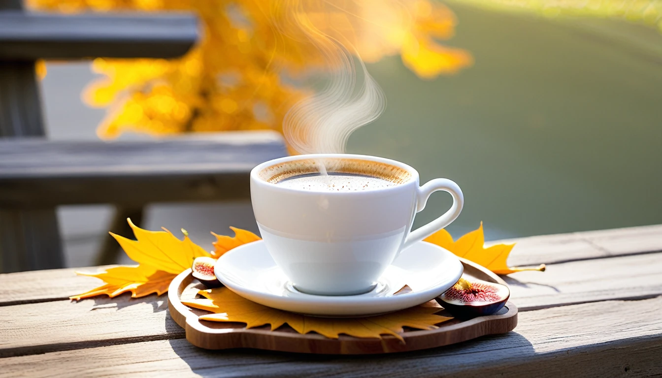 Create an image of a cozy autumn atmosphere morningby featuring a steaming hot expresso on white cup with american image on the cup on a wooden coaster. The cup is adorned with a design of fallen leaves that matches the orange leaves tered around it. Ripe and cut figs lie nearby, and the scene is illuminated by the warm light of the morning sun, which hints at a peaceful morning atmosphere. This atmosphere is enhanced by the potted plants that add to the serene atmosphere. and the washinton in the background.