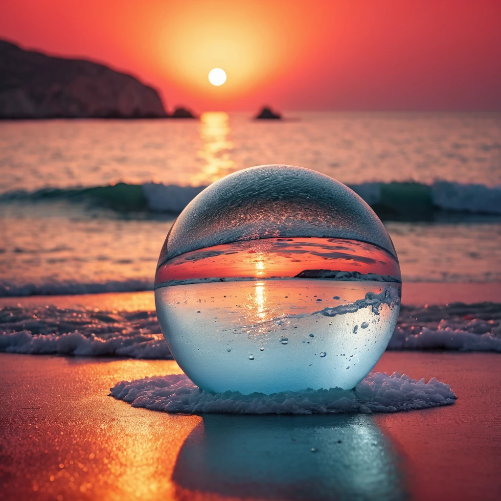 Generates a perfect ice sphere in the foreground, on a flat red background on the Mediterranean coast with stunning lighting for a perfect shot. Professional photography, 8k, RAW photo, The best quality, masterpiece, photorealistic, Highly detailed, cinematic lighting, sharp focus, réflex digital, high resolution, photorealistic,