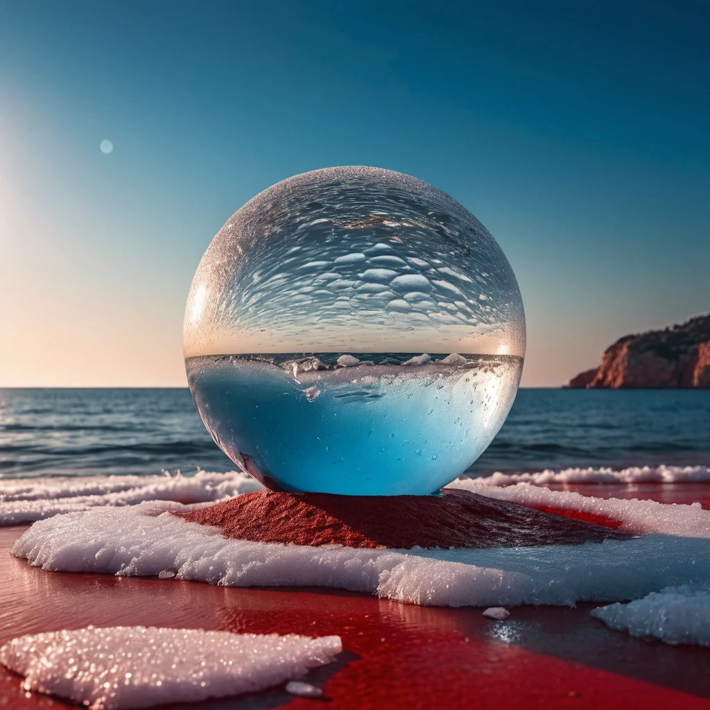 Generates a perfect ice sphere in the foreground, on a flat red background on the Mediterranean coast with stunning lighting for a perfect shot. Professional photography, 8k, RAW photo, The best quality, masterpiece, photorealistic, Highly detailed, cinematic lighting, sharp focus, réflex digital, high resolution, photorealistic,