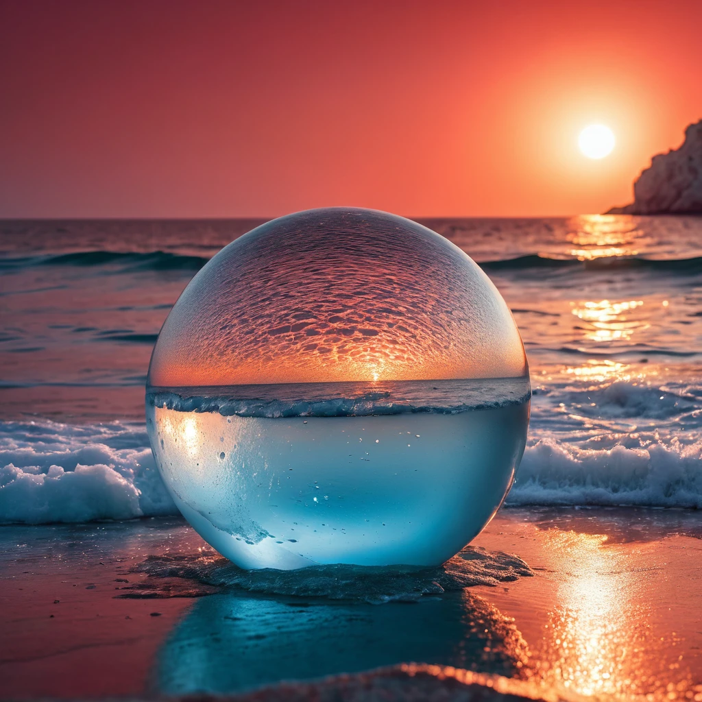 Generates a perfect ice sphere in the foreground, on a flat red background on the Mediterranean coast with stunning lighting for a perfect shot. Professional photography, 8k, RAW photo, The best quality, masterpiece, photorealistic, Highly detailed, cinematic lighting, sharp focus, réflex digital, high resolution, photorealistic,