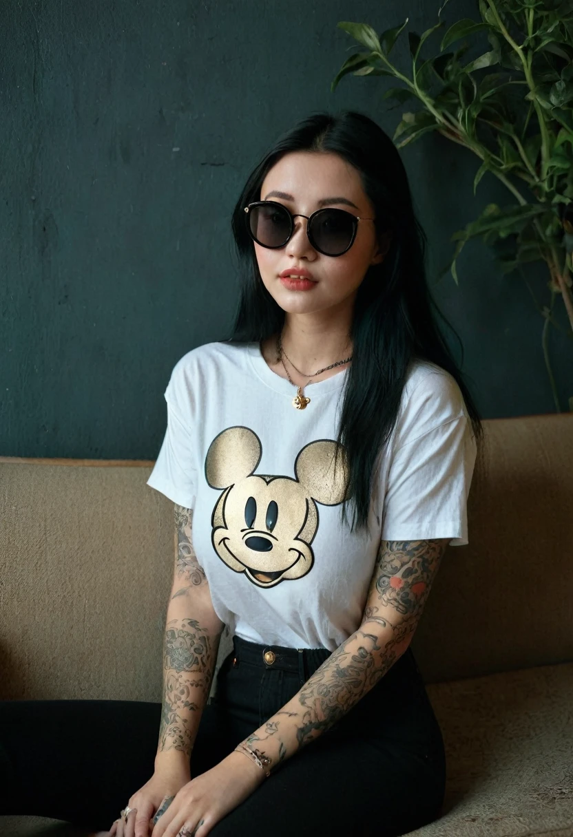 low angle shot, [[highly detailed face]], [[goddess face]], 90s, young woman. An Yakuza girl, oversized white Mickey Mouse t shirt and black denim pants, black sunglasses, gold necklaces, full body image, she is covered in tattoos, long black hair, sitting on a couch, hip hop pose, high quality images, unreal engine, perfect skin texture, goddess face, photo depth of field, shadows, grainy, seductive analog lofi (by Oleg Oprisco Laura Makabresku), dark wall, dimly lit, potted plant, soft natural lighting
