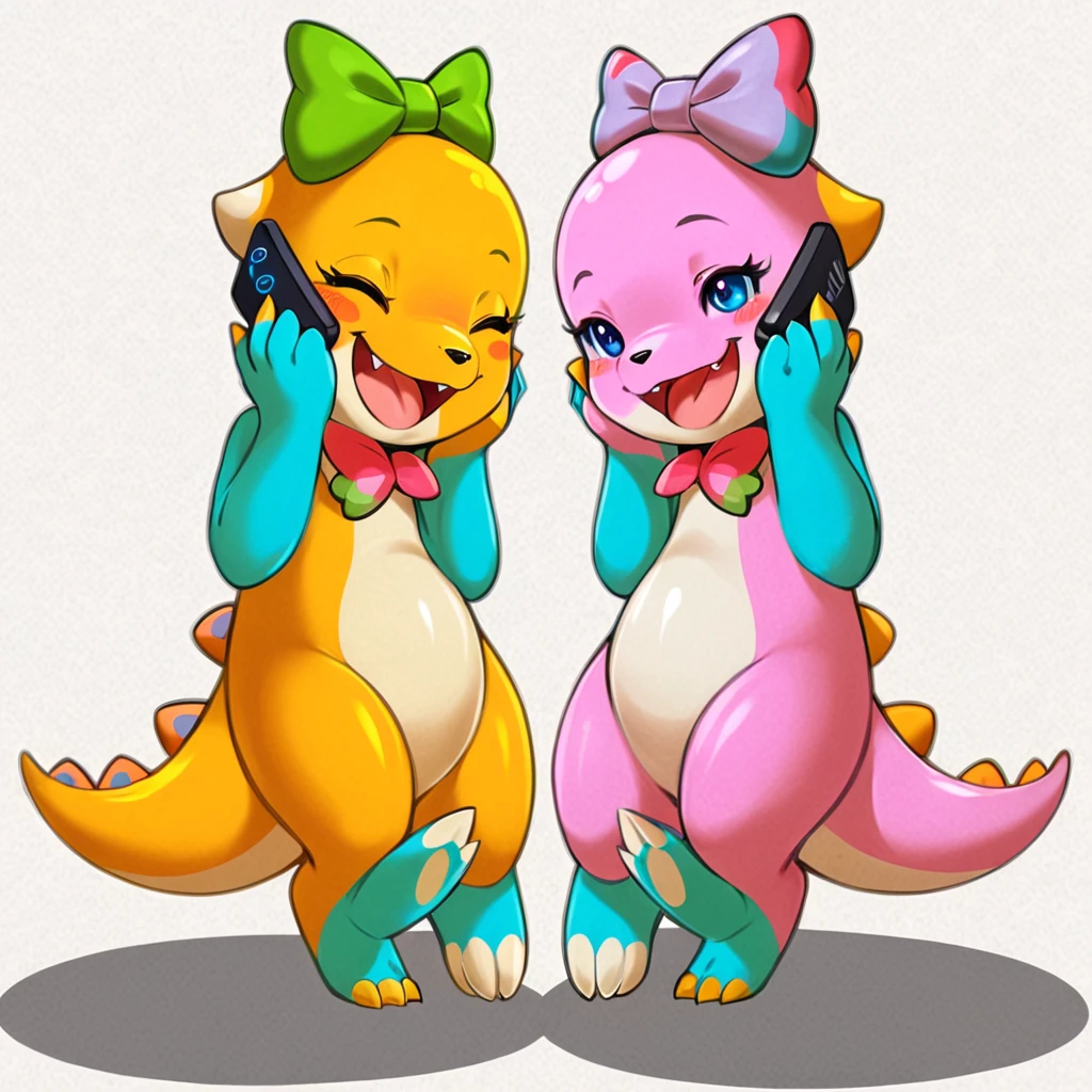 two cartoon dinosaurs with bows on their heads, one is talking on the phone, cute pokemon style, ambos laughing, Beautiful ajolote, SFW version, buizel and human fusion, beautiful colorful adorable, Twins, Beautiful work of art, laughing, digimon glamorous angelic woman, beautiful digital art, Guggimon, adult pair of Twins