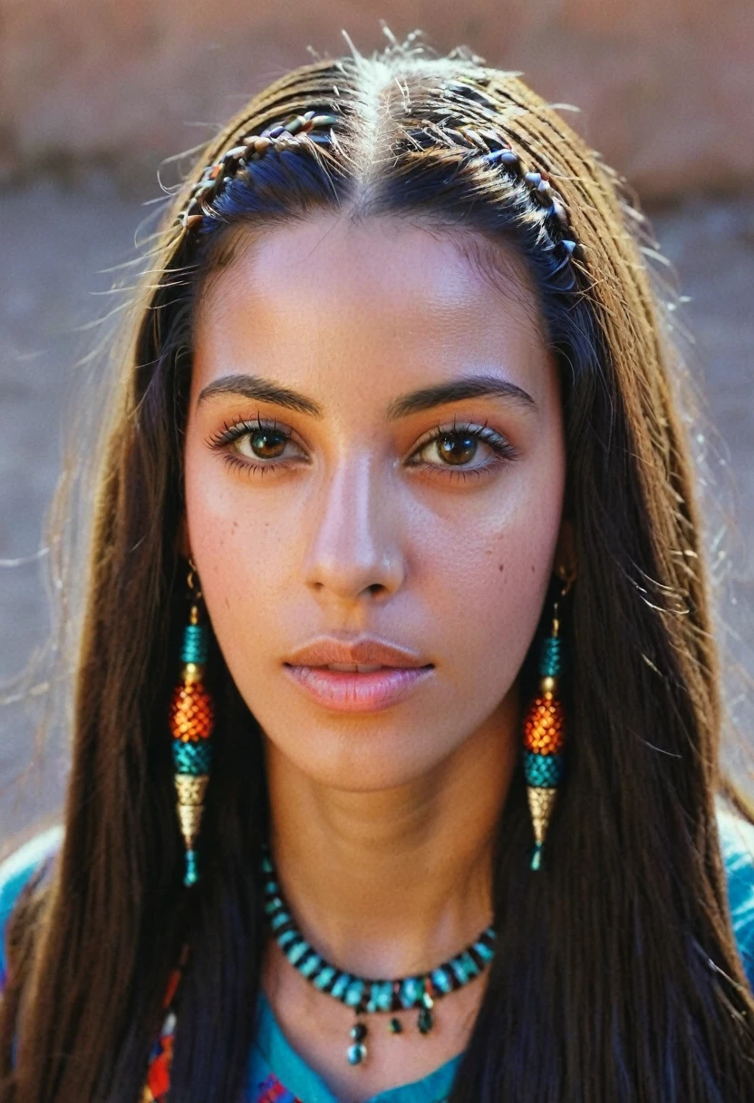 a woman's head. Her hair is in neat cornrows, geometric repeating patterns, coloured beads, long dark hair. patterned. front view, showing her face. Moroccan North African influence