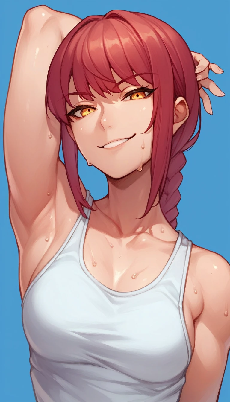 solo, 1girl, makima, smile, looking at viewer, smirk, braided ponytail, adult woman,smile, one person,facing this way,Raise your arms and see your sides,Wearing a white tank top, sweating,short brown hair,upper body composition,Fingers behind head,