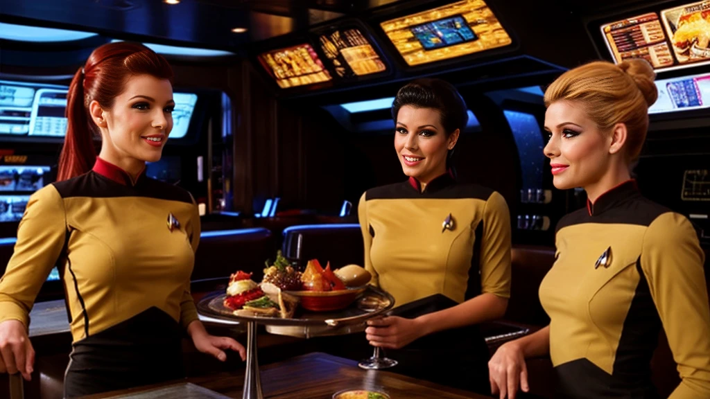 A fun sexy restaurant like Hooters but with a futuristic Star Trek theme, sexy waitresses in sexy Star Trek uniforms, variety of ethnicity and hair colour