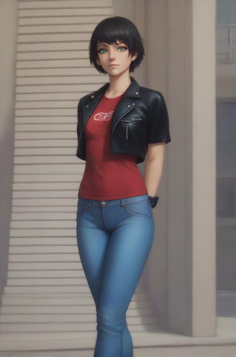 Masterpiece , highly detailed , best quality , perfect face , green eyes , fubuki , wearing black leather jacket over short sleeves red printed t-shirt and blue jeans , in city , arms bound behind back , looking at camera , standing still