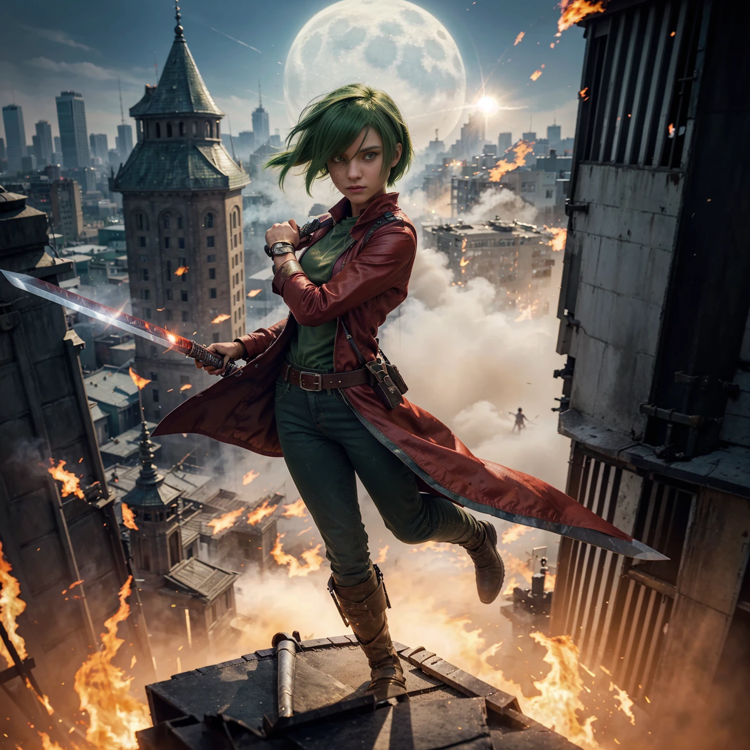 1girl, Full body version, 1character, green eyes, short haircut, (green color hair), soldier style clothing, red colour clothing, jacket, jeans, belt, boots, gloves, Grassroots, background On the roof of a city building, motion blur, (detective conan style art), sword in hand, fire effect on sword, lighting effect on sword, fire effect, smoke effect, aura effect, Moonlight, bloody background, blood on face, blood on shirt, blood on sword 