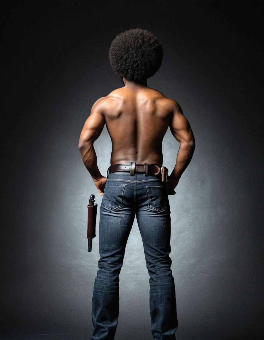 afro man, black back turned, back turned, bare torso, looks at the ground, wears jeans with a belt, jeans with a belt, weapon in both sides of the jeans, arms open, black photo background, black background, black , black background, black background, black background