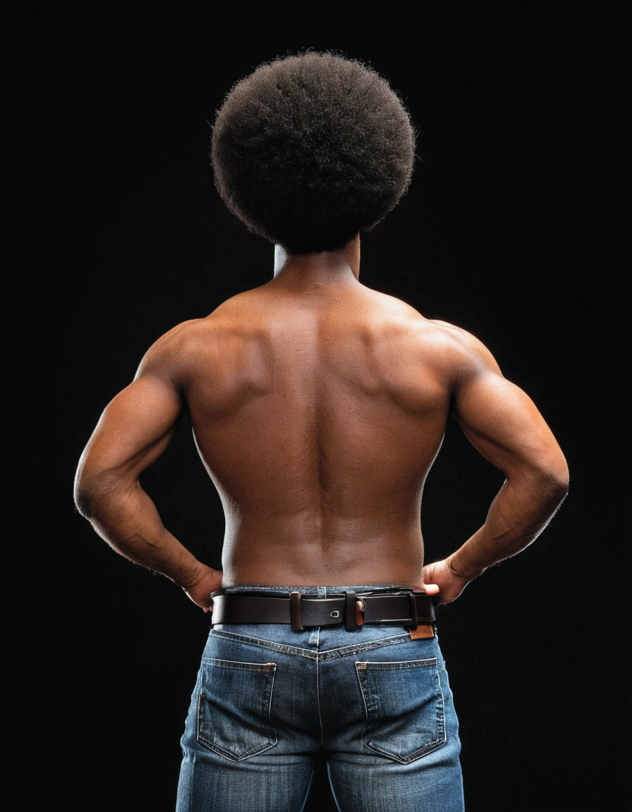 afro man, black back turned, back turned, bare torso, looks at the ground, wears jeans with a belt, jeans with a belt, weapon in both sides of the jeans, arms open, black photo background, black background, black , black background, black background, black background
