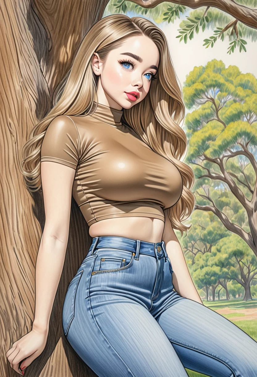 A colored pencil sketch of A beautiful woman, A light brown skin tight spandex top, large heaving breasts, skin tight highrise jeans. curvy, thin-waist, wide-hips, swaying-hips. mash up of Sabrina Carpenter. She is sitting seductively under a live oak tree.