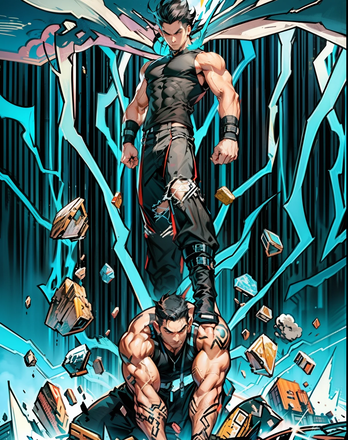 boys 26 Years old, Serious face, wearing black sleeveless shirt, black pants, black hair, levitate on sky, blue sky, cloud