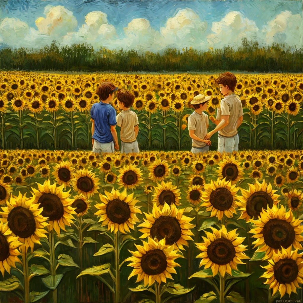 Two boy in a sunflower field. oil painting, vincent van gogh style